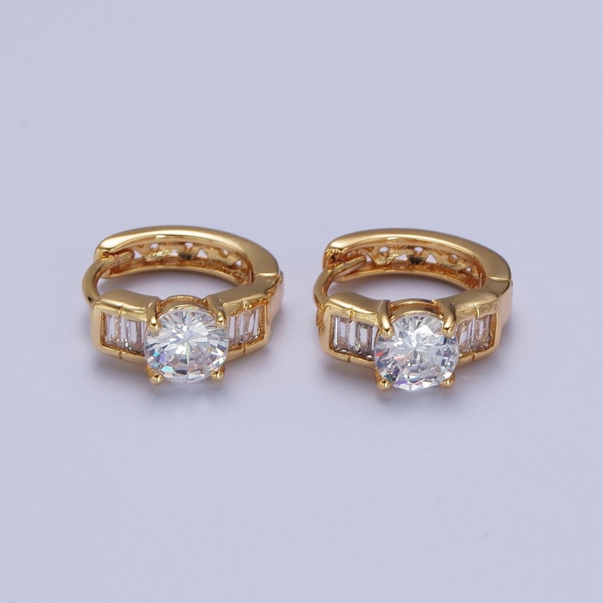 16K Gold Filled Round Cubic Zirconia Baguette Lined Wide Huggie Hoop Earrings | AD-494