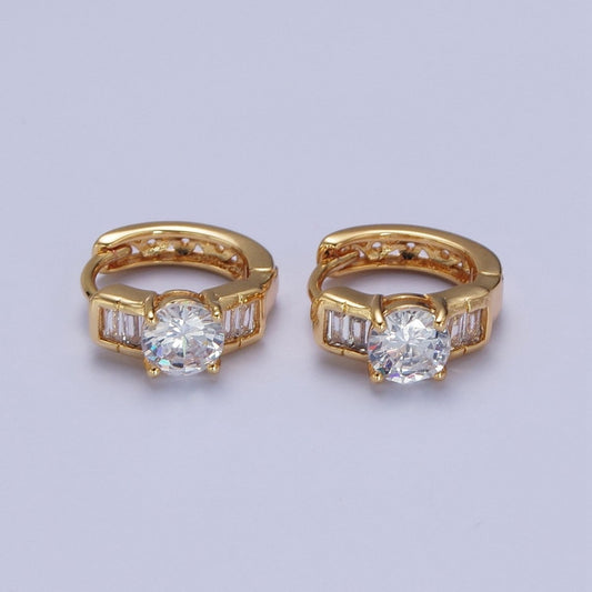 16K Gold Filled Round Cubic Zirconia Baguette Lined Wide Huggie Hoop Earrings | AD-494