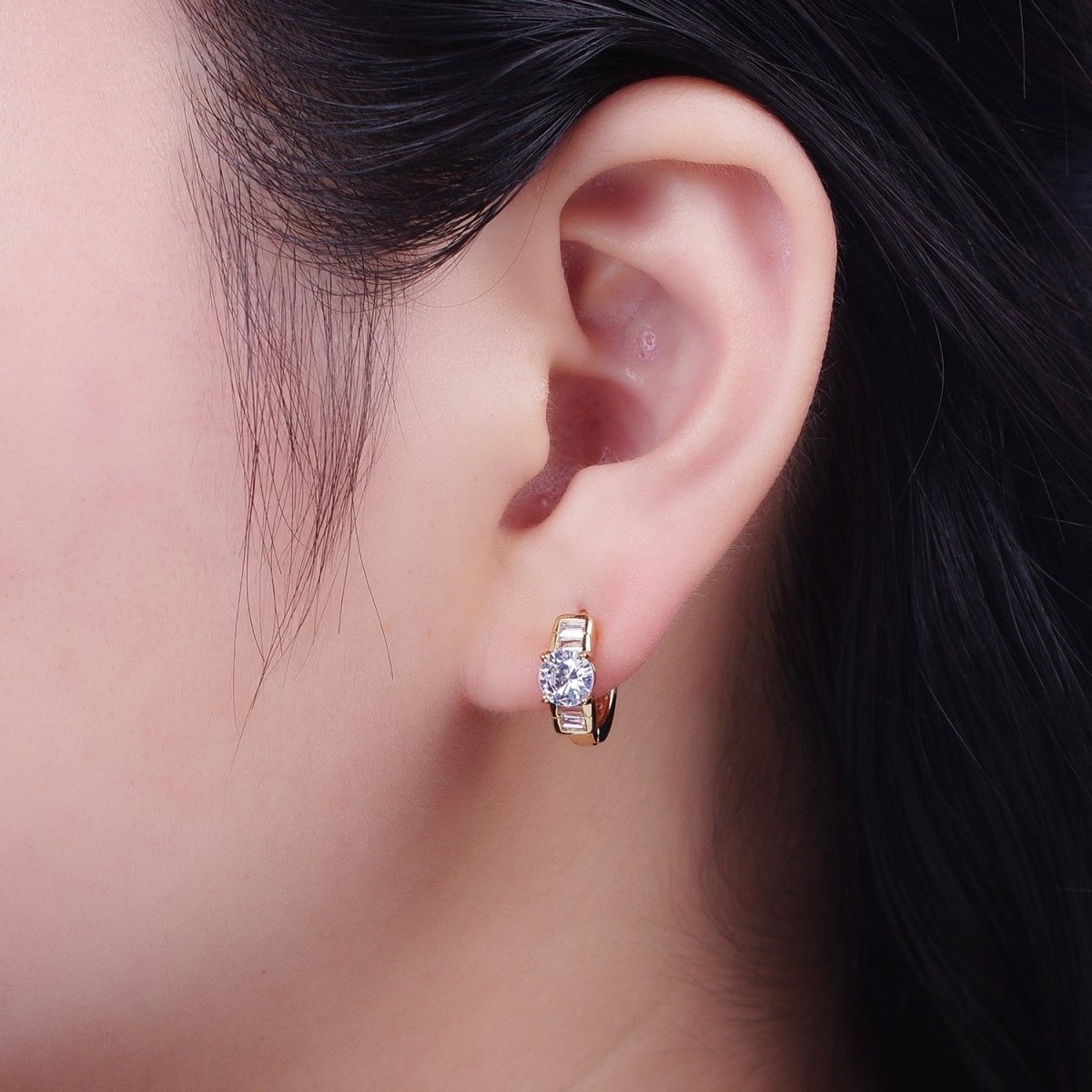 16K Gold Filled Round Cubic Zirconia Baguette Lined Wide Huggie Hoop Earrings | AD-494