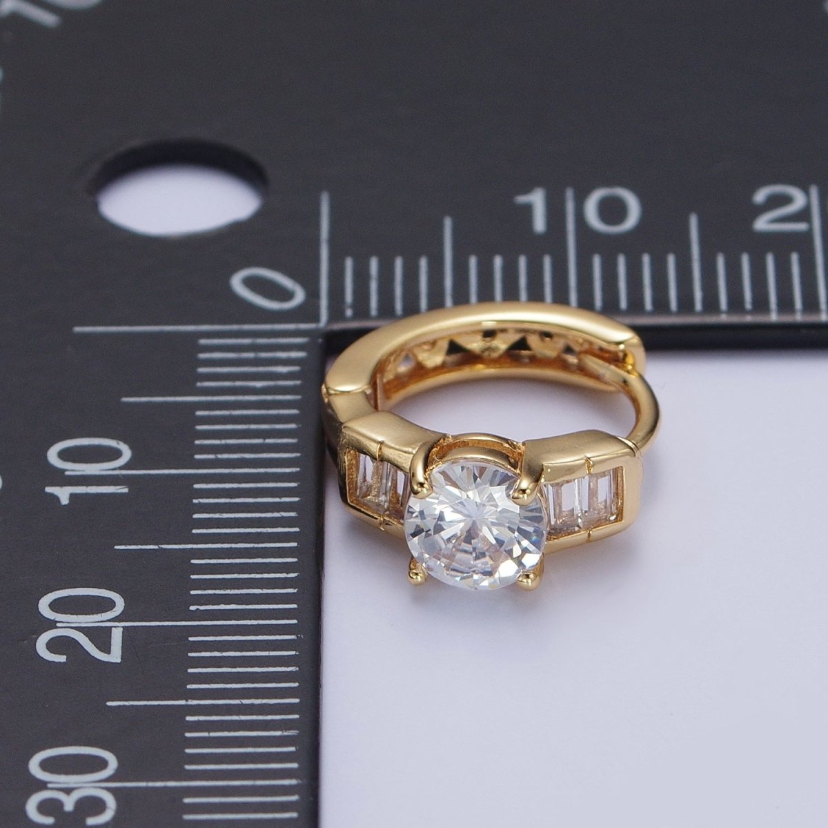 16K Gold Filled Round Cubic Zirconia Baguette Lined Wide Huggie Hoop Earrings | AD-494