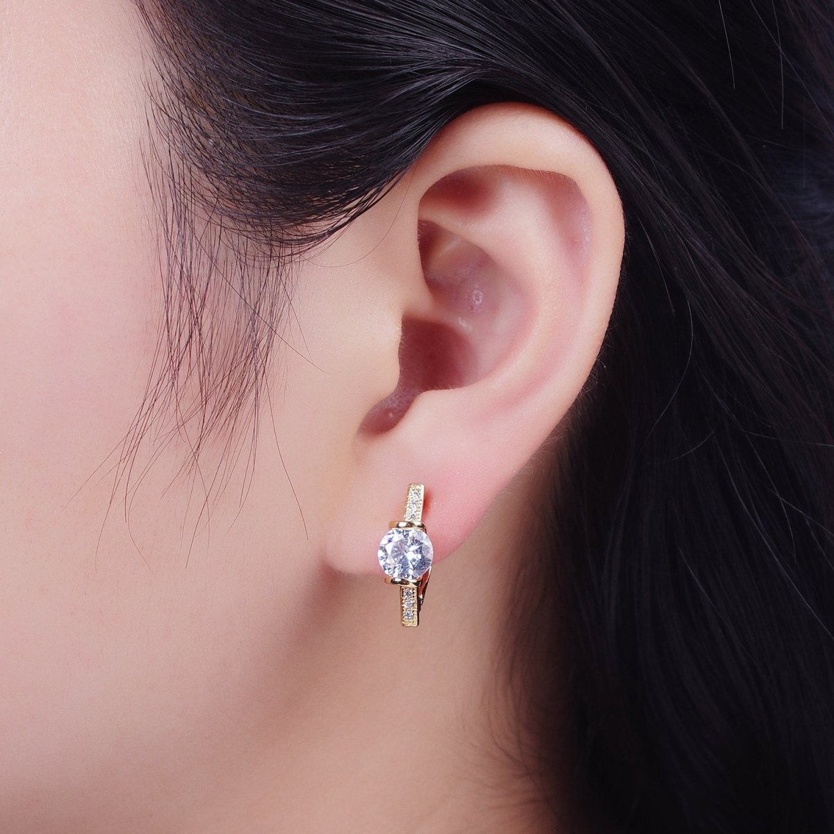 16K Gold Filled Round Cubic Zirconia Center Micro Paved Latch Back Earrings | AD-503
