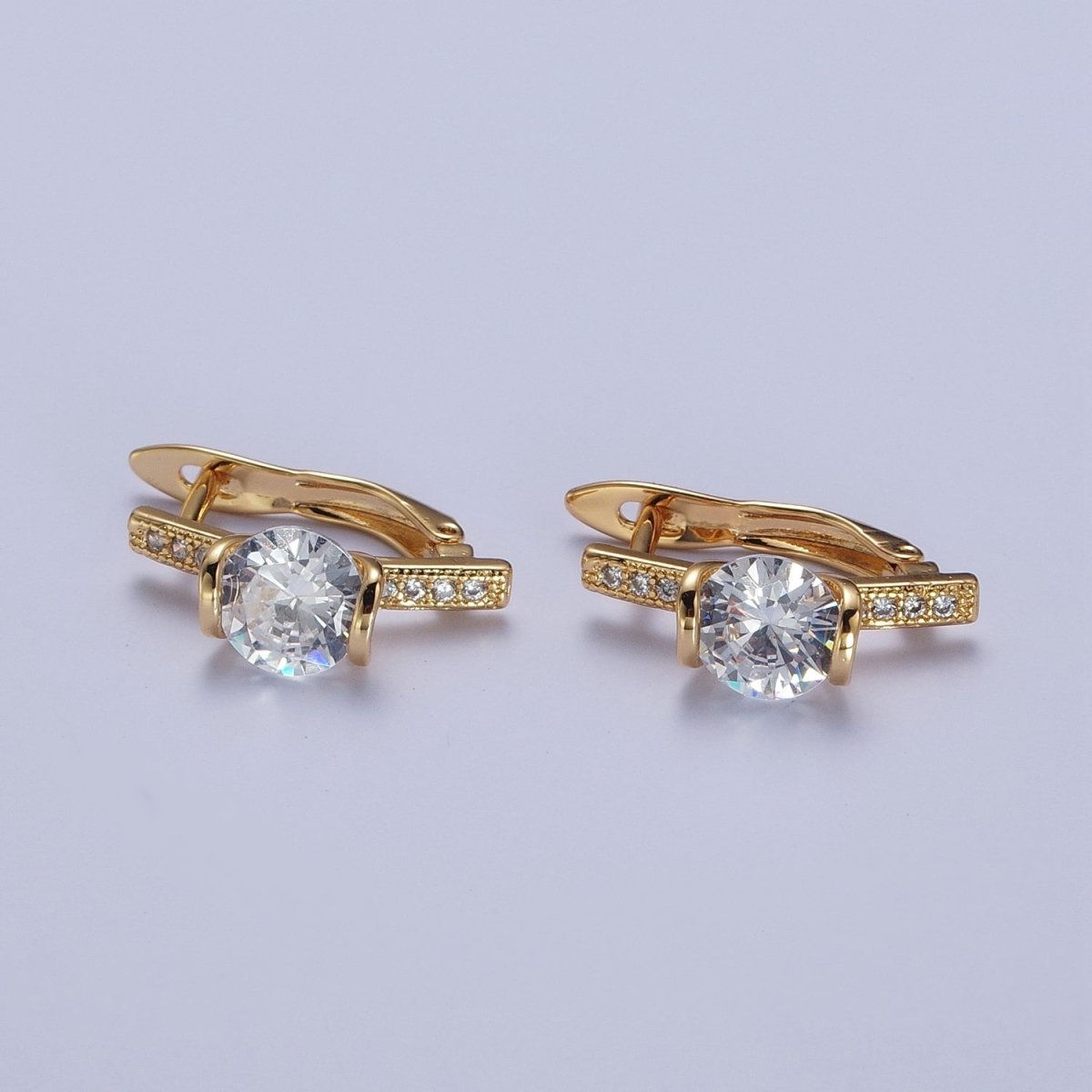 16K Gold Filled Round Cubic Zirconia Center Micro Paved Latch Back Earrings | AD-503