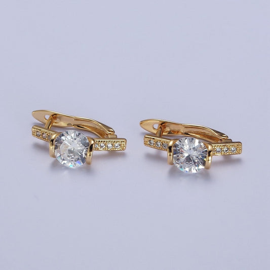 16K Gold Filled Round Cubic Zirconia Center Micro Paved Latch Back Earrings | AD-503