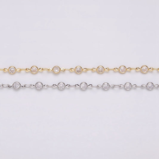 16K Gold Filled Round Diamond Bezel Cut Chain by Yard, Station CZ Chain by Yard for Necklace Bracelet Jewelry Making | ROLL-1337 ROLL-1338