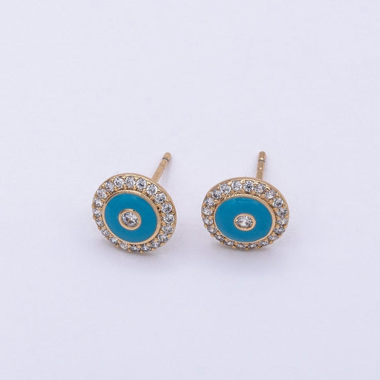 16K Gold Filled Round Evil Eye Teal Enamel Micro Paved Stud Earrings | AD874