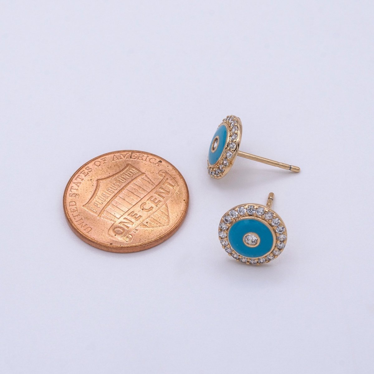 16K Gold Filled Round Evil Eye Teal Enamel Micro Paved Stud Earrings | AD874