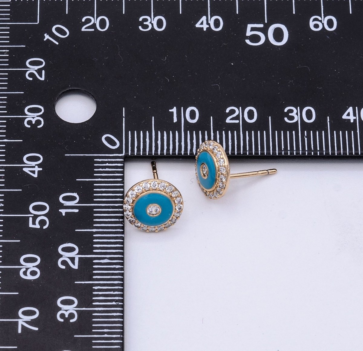 16K Gold Filled Round Evil Eye Teal Enamel Micro Paved Stud Earrings | AD874
