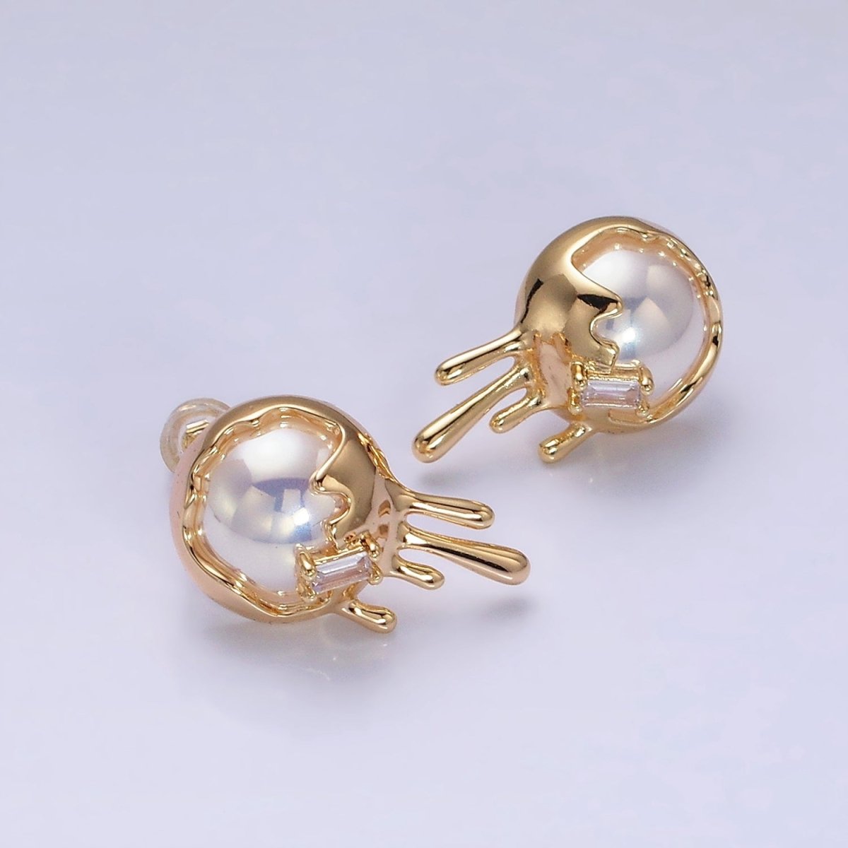 16K Gold Filled Round Iridescent Pearl Molten Drip Stud Earrings in Gold & Silver | AD980 AD981