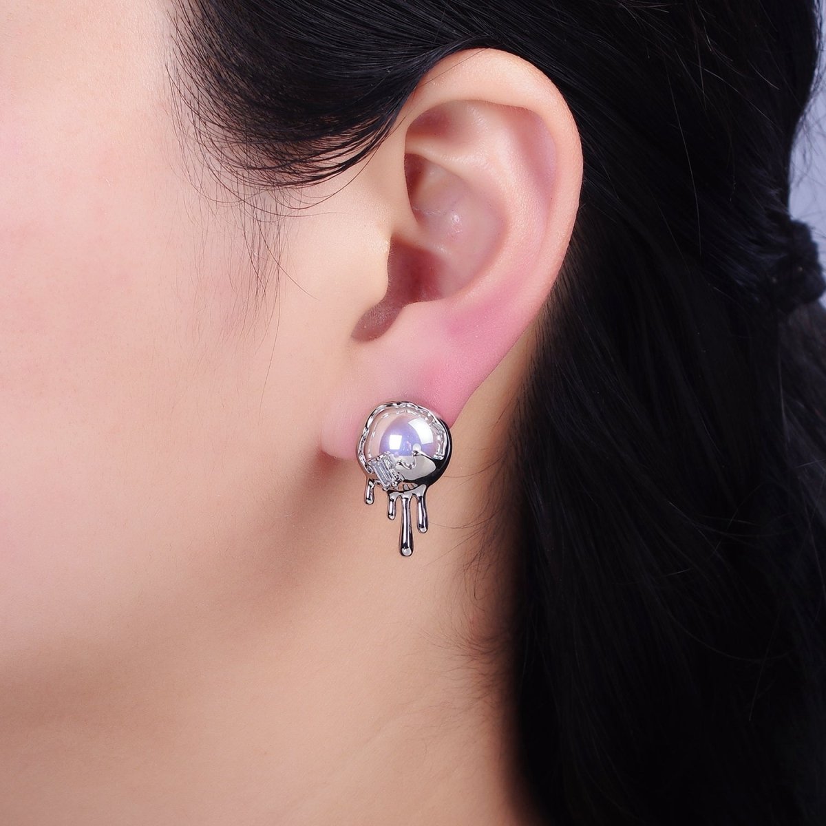 16K Gold Filled Round Iridescent Pearl Molten Drip Stud Earrings in Gold & Silver | AD980 AD981