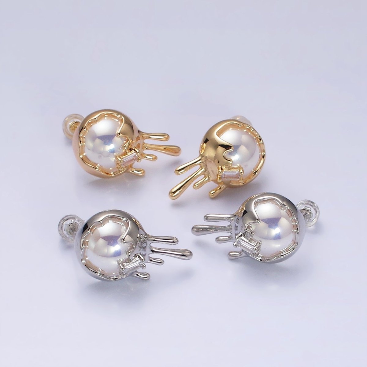 16K Gold Filled Round Iridescent Pearl Molten Drip Stud Earrings in Gold & Silver | AD980 AD981