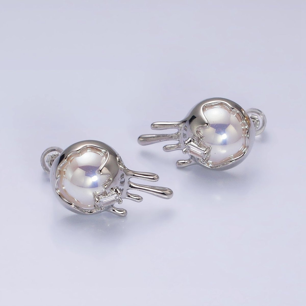 16K Gold Filled Round Iridescent Pearl Molten Drip Stud Earrings in Gold & Silver | AD980 AD981