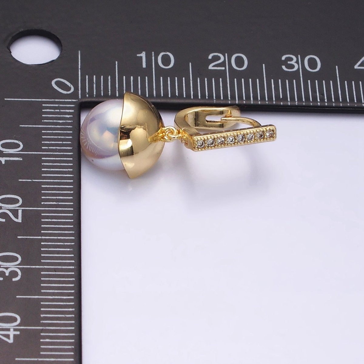 16K Gold Filled Round Pearl Drop Micro Paved CZ Bar English Lock Earrings in Gold & Silver | AD-325 AD-326