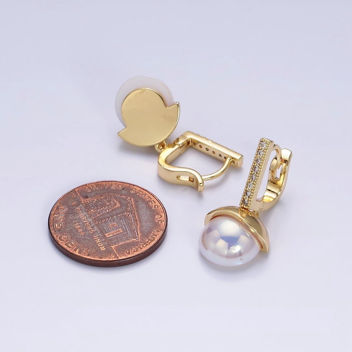 16K Gold Filled Round Pearl Drop Micro Paved CZ Bar English Lock Earrings in Gold & Silver | AD-325 AD-326