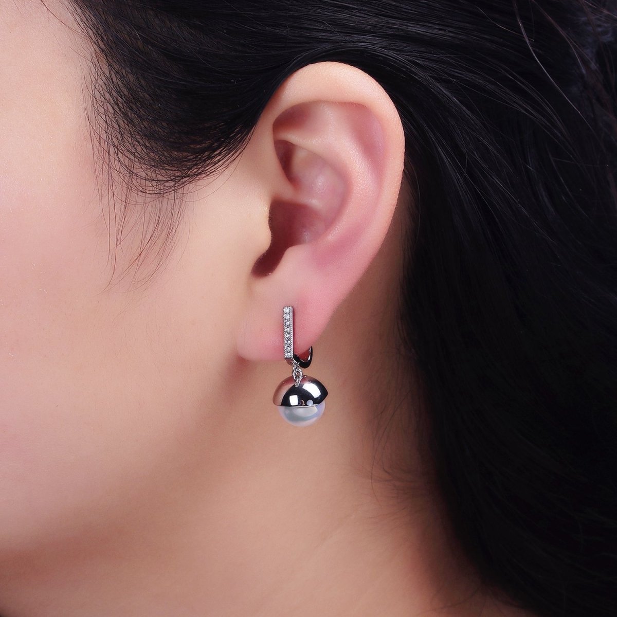 16K Gold Filled Round Pearl Drop Micro Paved CZ Bar English Lock Earrings in Gold & Silver | AD-325 AD-326
