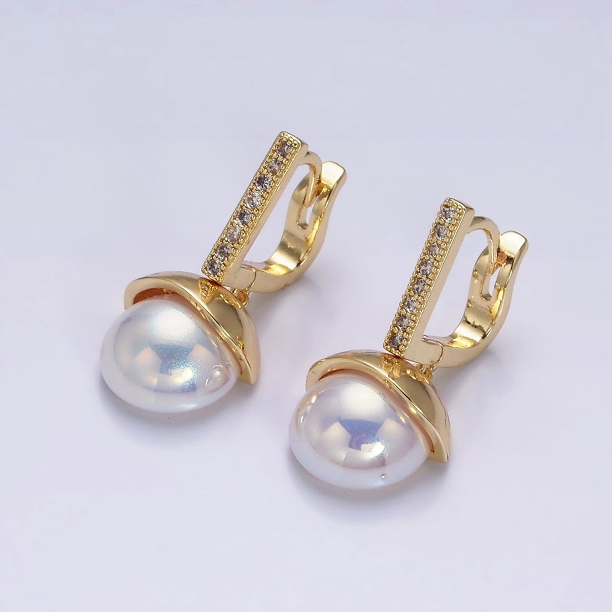16K Gold Filled Round Pearl Drop Micro Paved CZ Bar English Lock Earrings in Gold & Silver | AD-325 AD-326