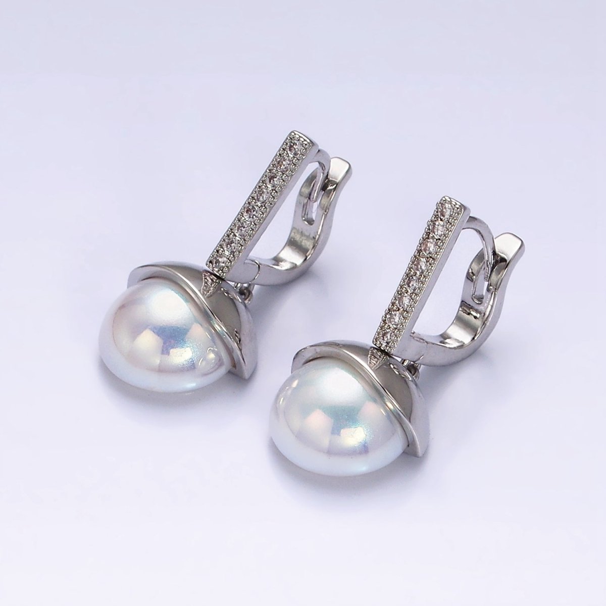 16K Gold Filled Round Pearl Drop Micro Paved CZ Bar English Lock Earrings in Gold & Silver | AD-325 AD-326