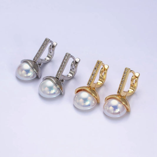 16K Gold Filled Round Pearl Drop Micro Paved CZ Bar English Lock Earrings in Gold & Silver | AD-325 AD-326