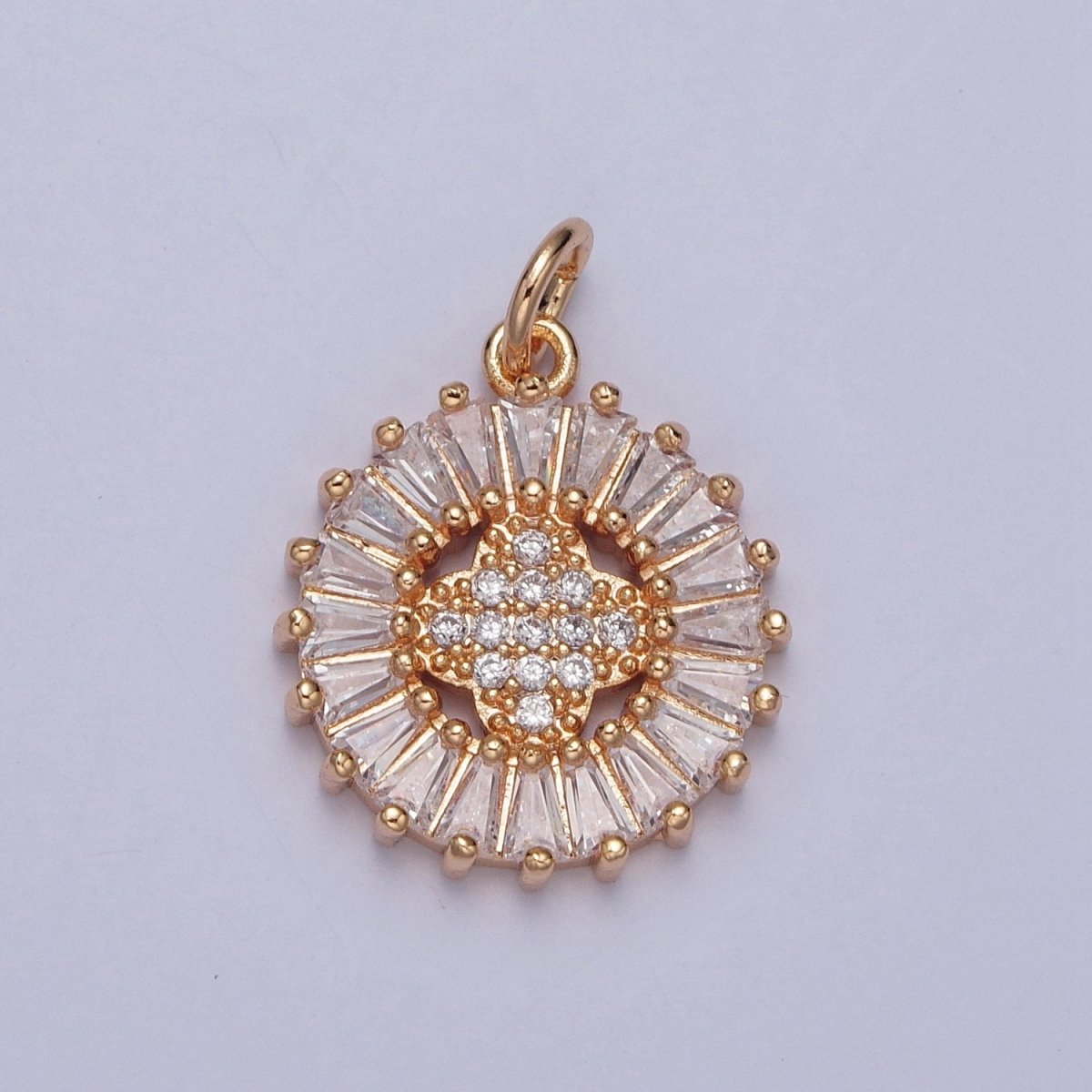 16K Gold Filled Round Quatrefoil Baguette Micro Paved Cubic Zirconia Charm For DIY Jewelry Making | X-236
