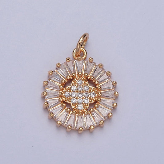 16K Gold Filled Round Quatrefoil Baguette Micro Paved Cubic Zirconia Charm For DIY Jewelry Making | X-236