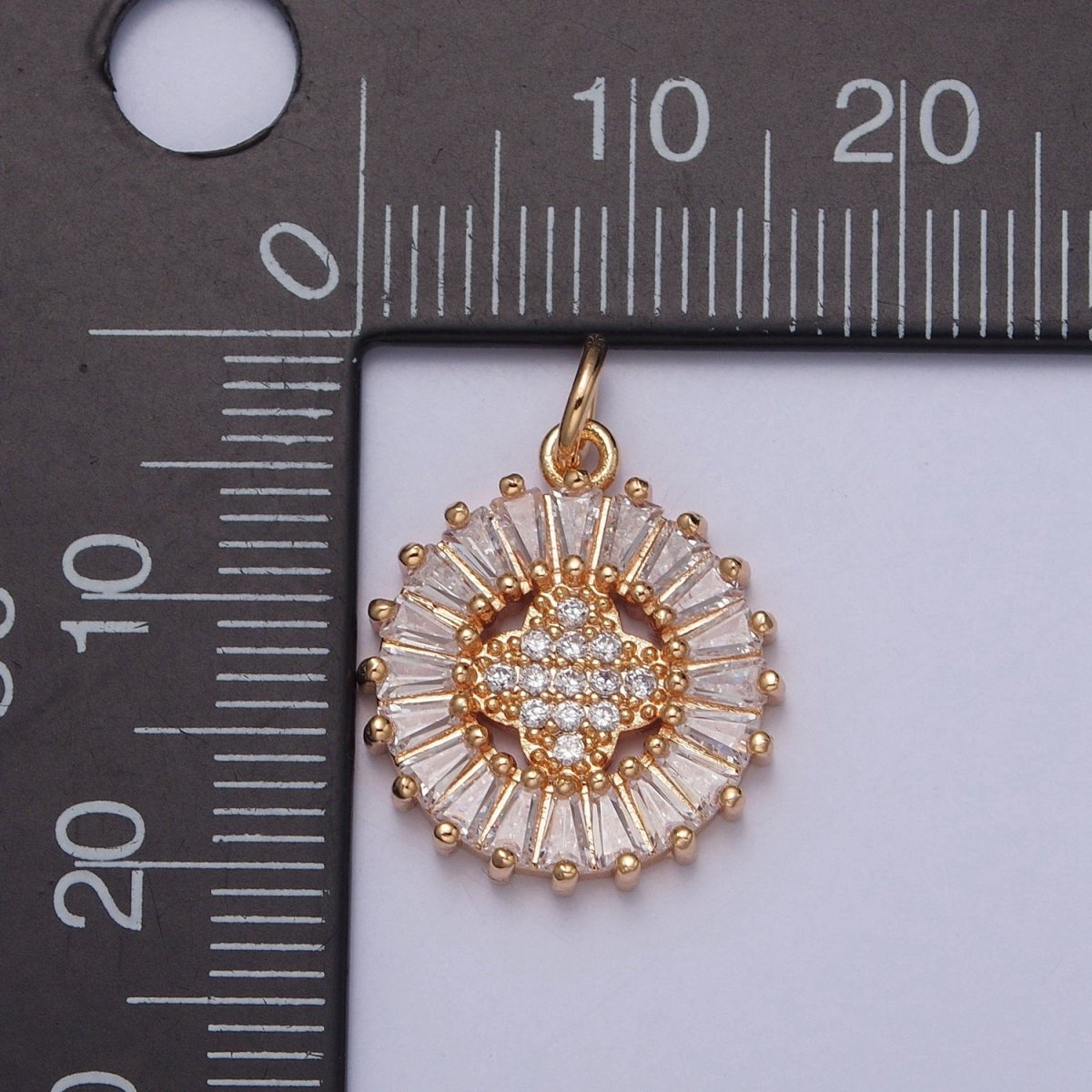 16K Gold Filled Round Quatrefoil Baguette Micro Paved Cubic Zirconia Charm For DIY Jewelry Making | X-236