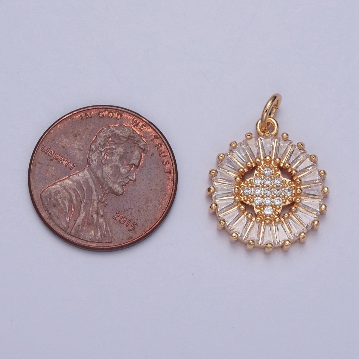 16K Gold Filled Round Quatrefoil Baguette Micro Paved Cubic Zirconia Charm For DIY Jewelry Making | X-236