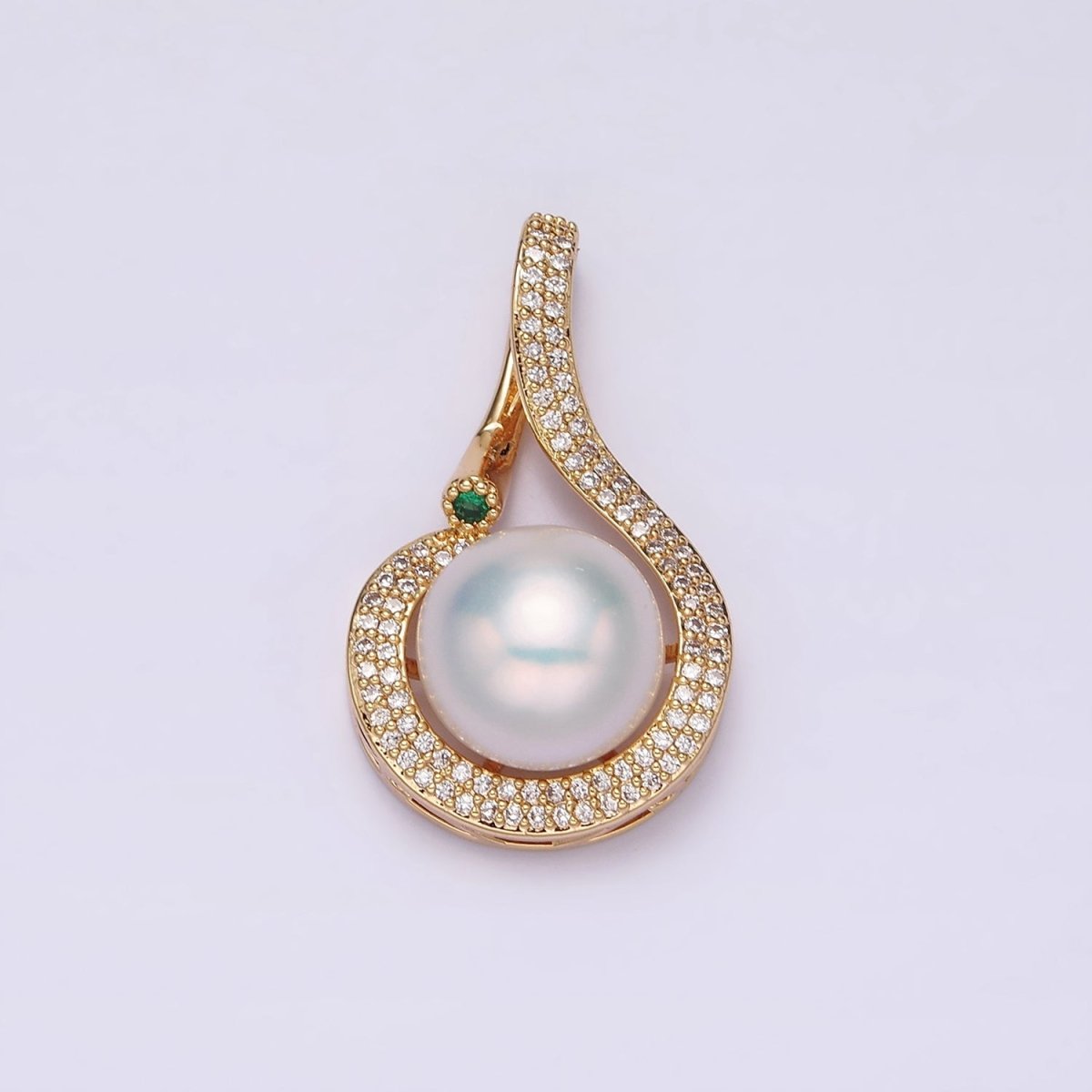 16K Gold Filled Round White Pearl Curved Micro Paved CZ Pendant in Gold & Silver | AA775 AA776