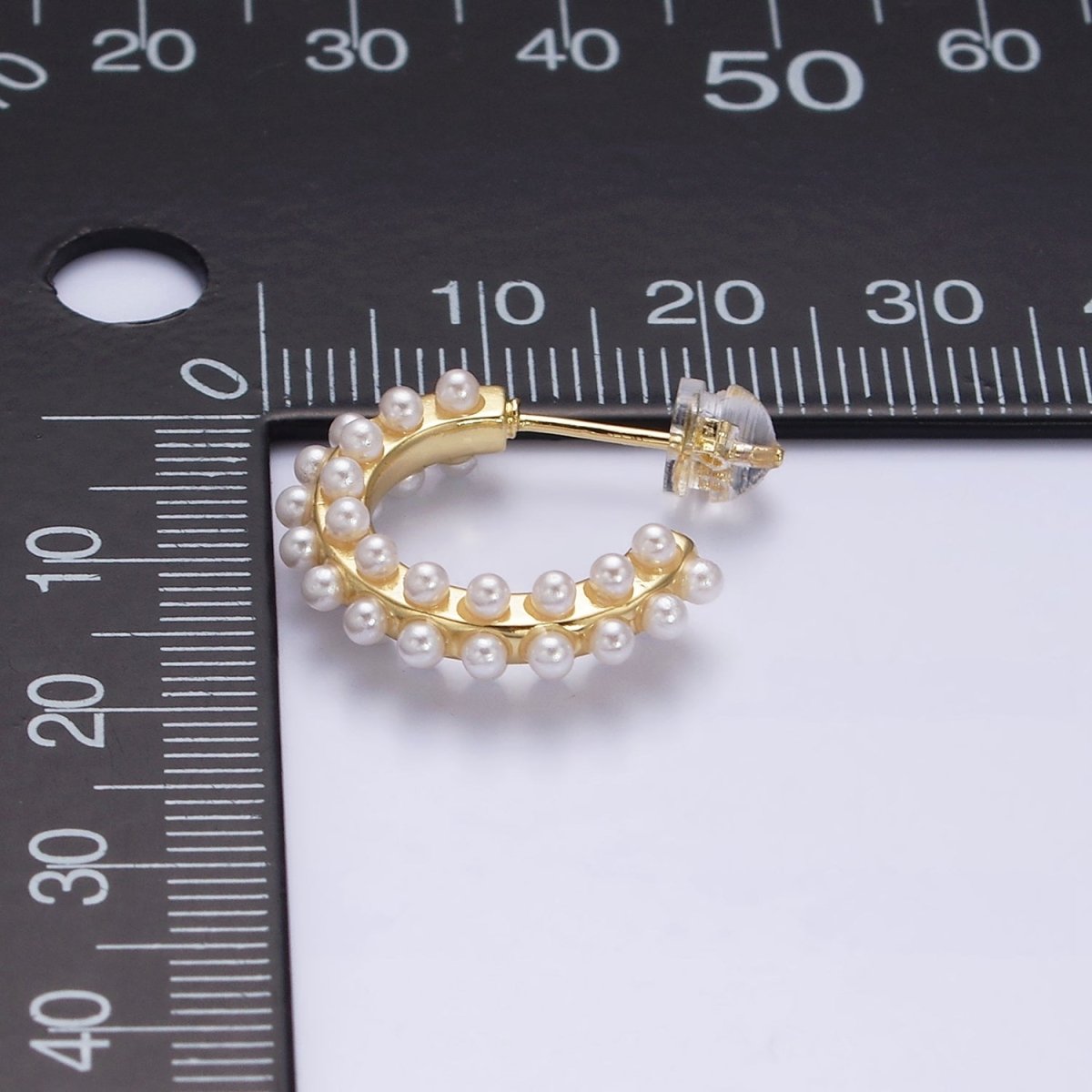 16K Gold Filled Round White Pearl Dotted C-Shaped Hoop Earrings in Gold & Silver | AE595 AE596