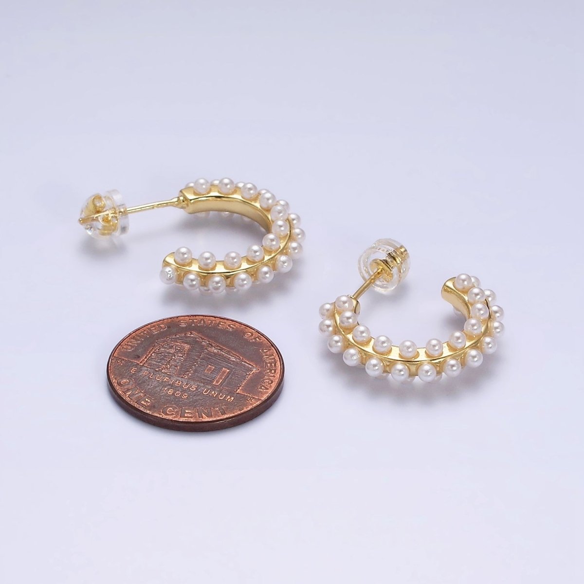 16K Gold Filled Round White Pearl Dotted C-Shaped Hoop Earrings in Gold & Silver | AE595 AE596