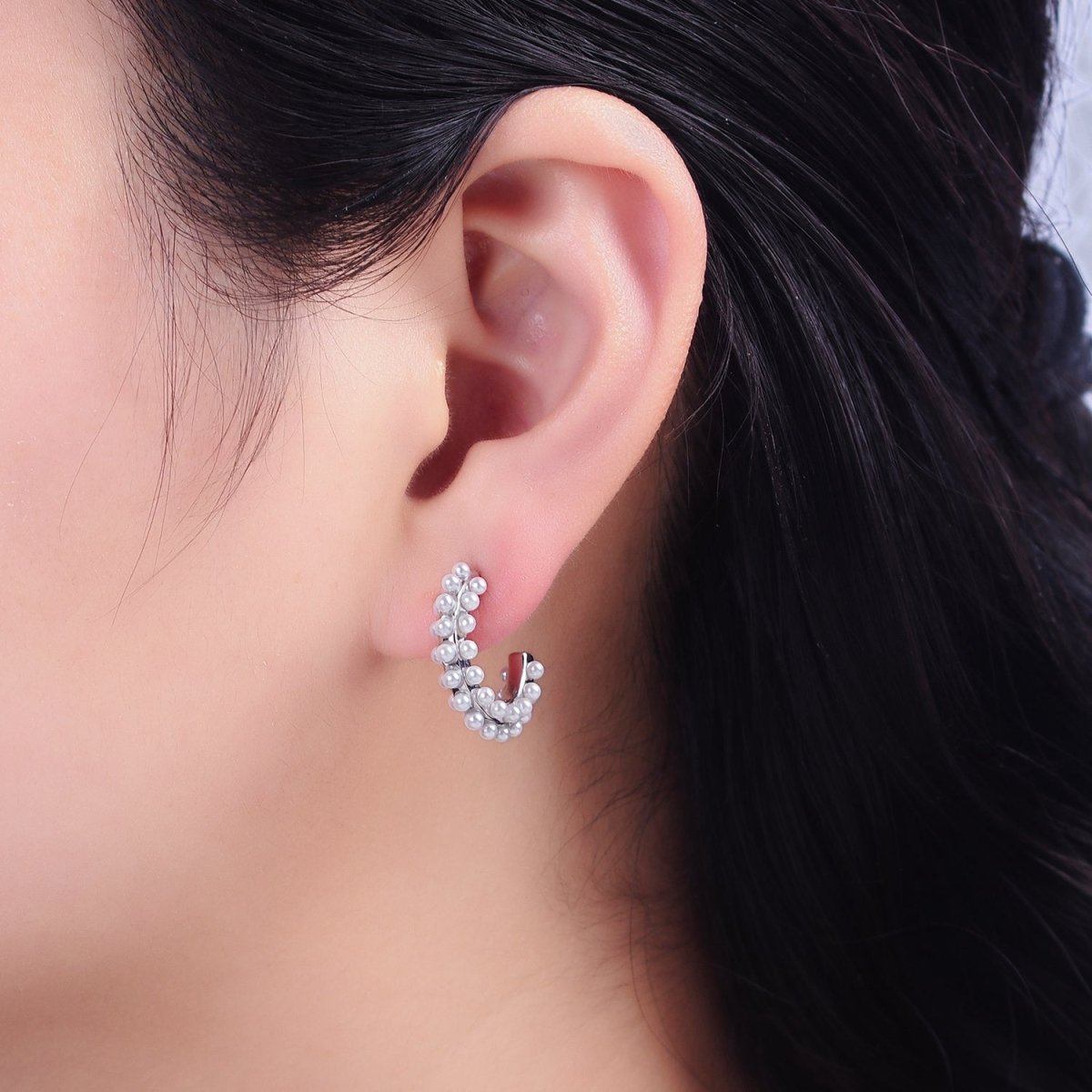 16K Gold Filled Round White Pearl Dotted C-Shaped Hoop Earrings in Gold & Silver | AE595 AE596