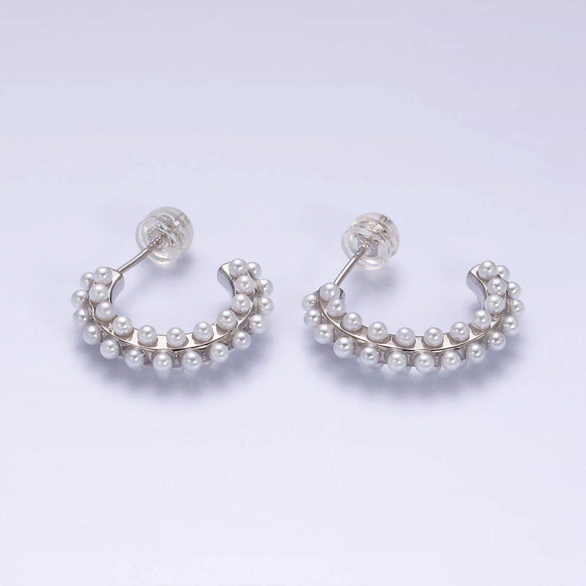 16K Gold Filled Round White Pearl Dotted C-Shaped Hoop Earrings in Gold & Silver | AE595 AE596