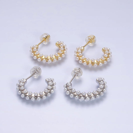 16K Gold Filled Round White Pearl Dotted C-Shaped Hoop Earrings in Gold & Silver | AE595 AE596