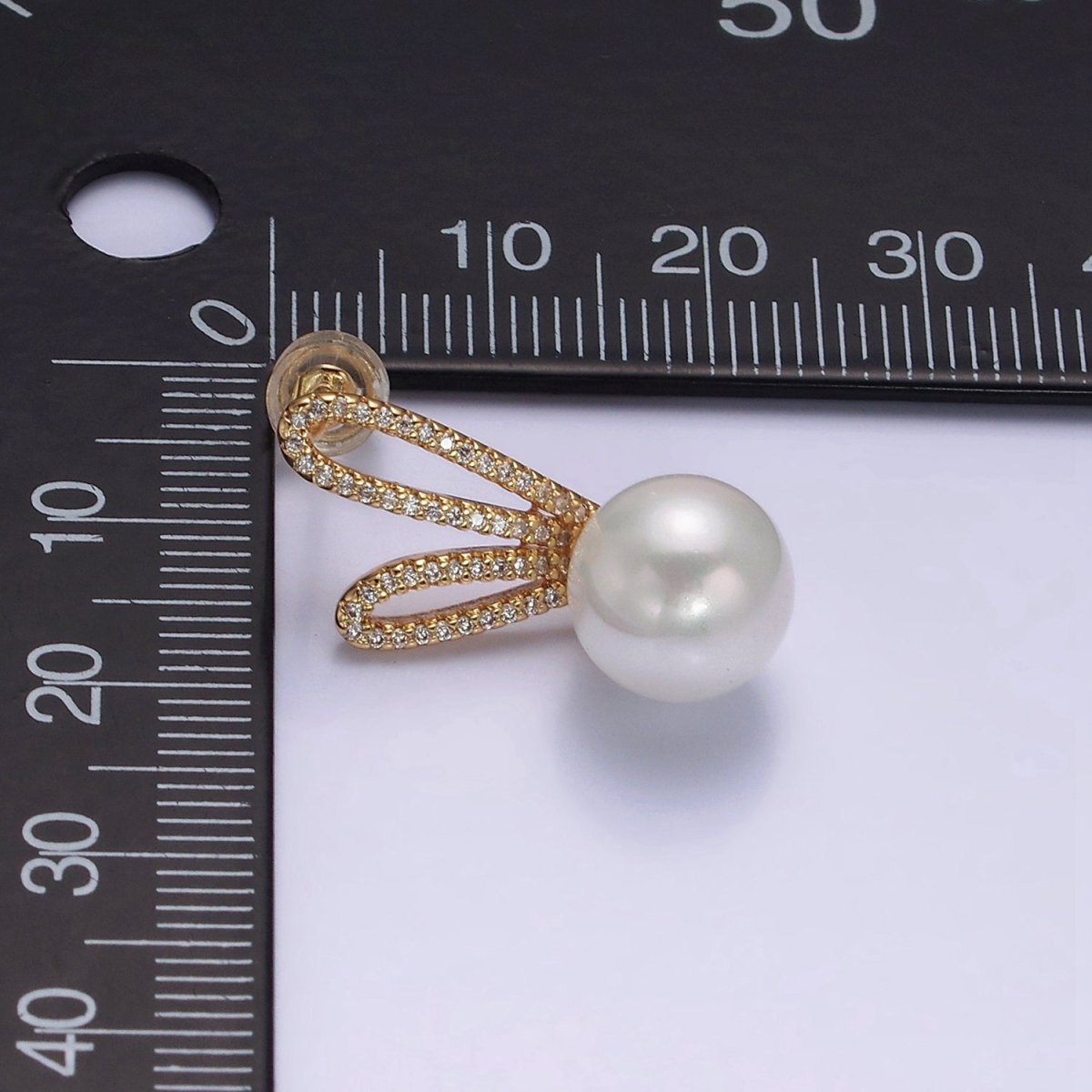 16K Gold Filled Round White Pearl Micro Paved CZ Bunny Rabbit Ears Stud Earrings in Gold & Silver | AE558 AE559