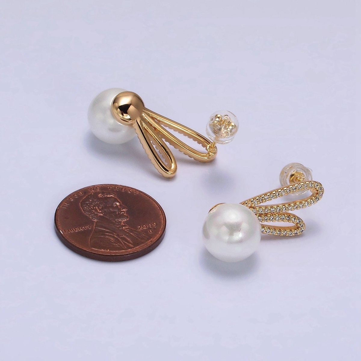 16K Gold Filled Round White Pearl Micro Paved CZ Bunny Rabbit Ears Stud Earrings in Gold & Silver | AE558 AE559