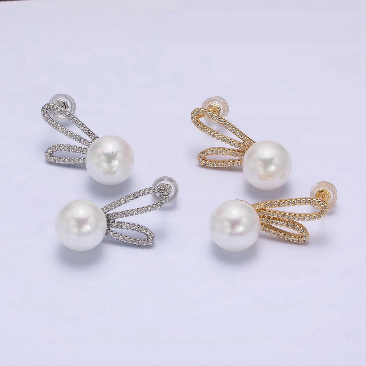 16K Gold Filled Round White Pearl Micro Paved CZ Bunny Rabbit Ears Stud Earrings in Gold & Silver | AE558 AE559