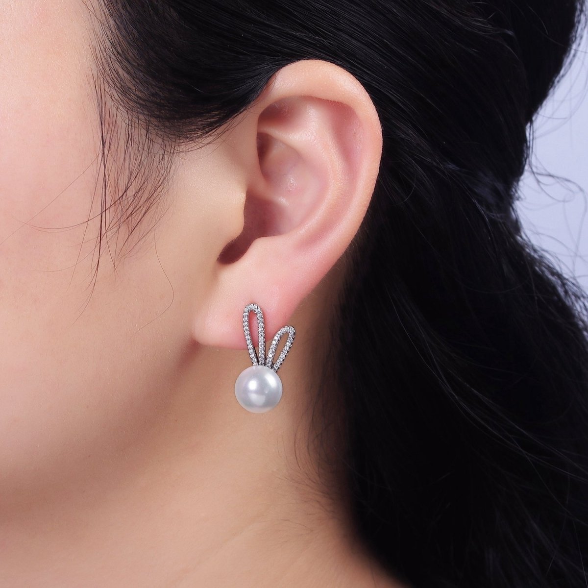16K Gold Filled Round White Pearl Micro Paved CZ Bunny Rabbit Ears Stud Earrings in Gold & Silver | AE558 AE559