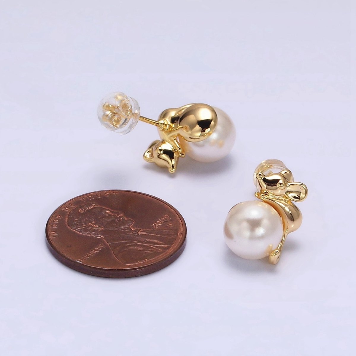 16K Gold Filled Round White Pearl Mouse Mice Animal Stud Earrings in Gold & Silver | AE556 AE557