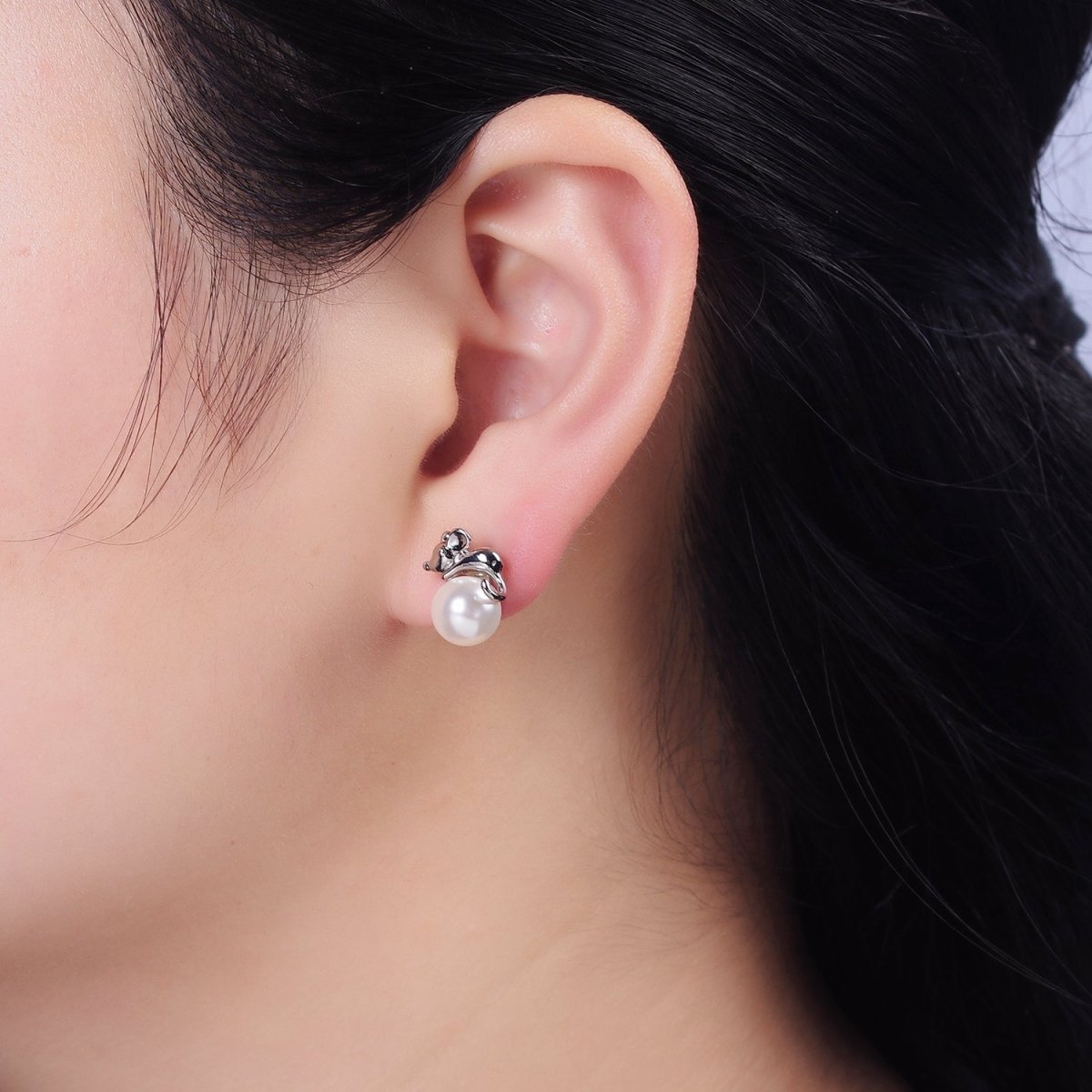 16K Gold Filled Round White Pearl Mouse Mice Animal Stud Earrings in Gold & Silver | AE556 AE557