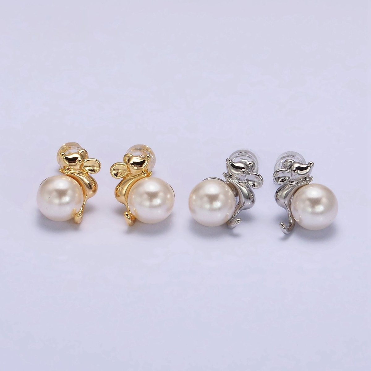16K Gold Filled Round White Pearl Mouse Mice Animal Stud Earrings in Gold & Silver | AE556 AE557