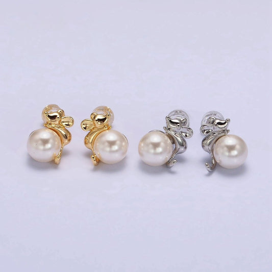 16K Gold Filled Round White Pearl Mouse Mice Animal Stud Earrings in Gold & Silver | AE556 AE557