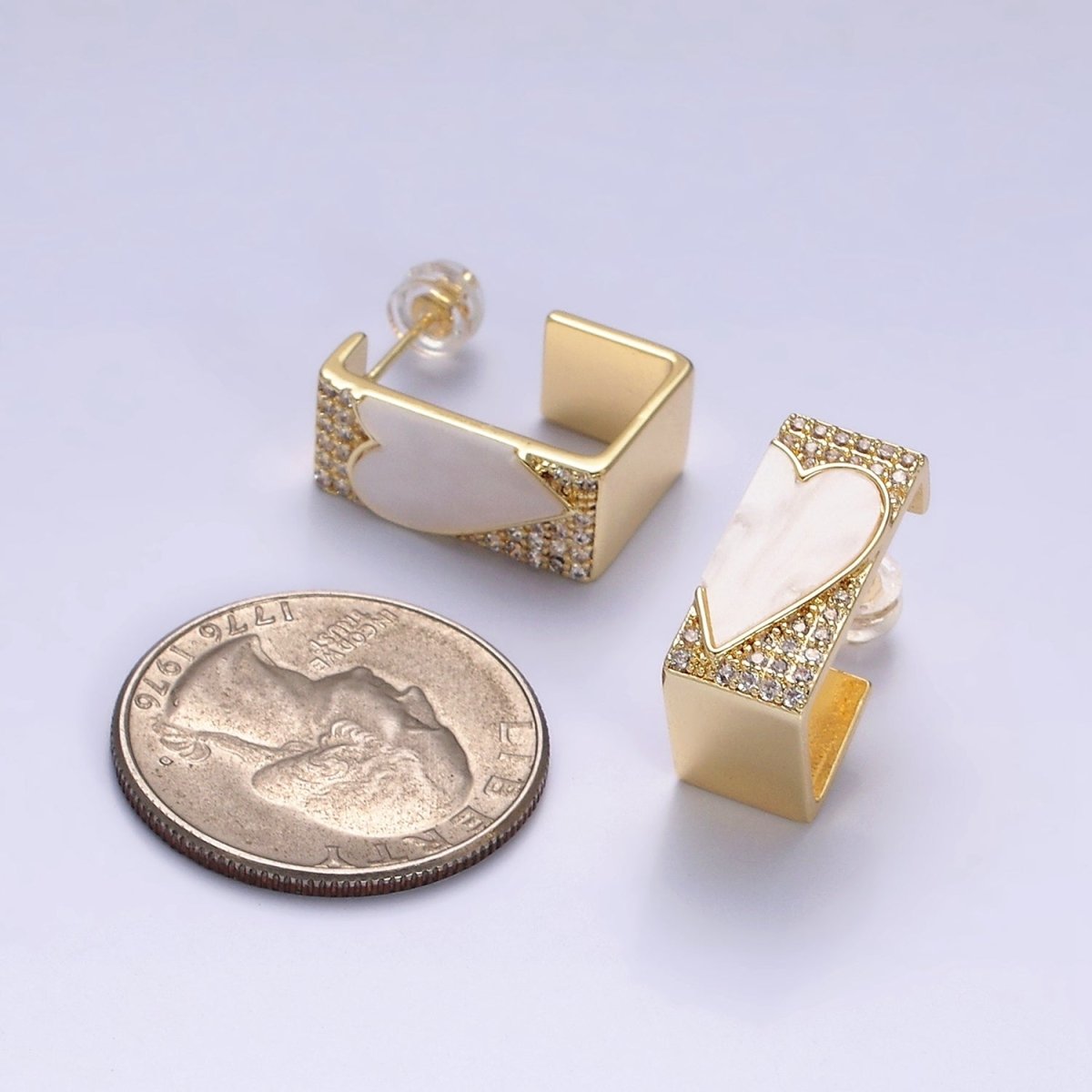 16K Gold Filled Shell Pearl Heart Micro Paved CZ Boxy J-Shaped Hoop Earrings Set in Gold & Silver | AD1351 AD1352