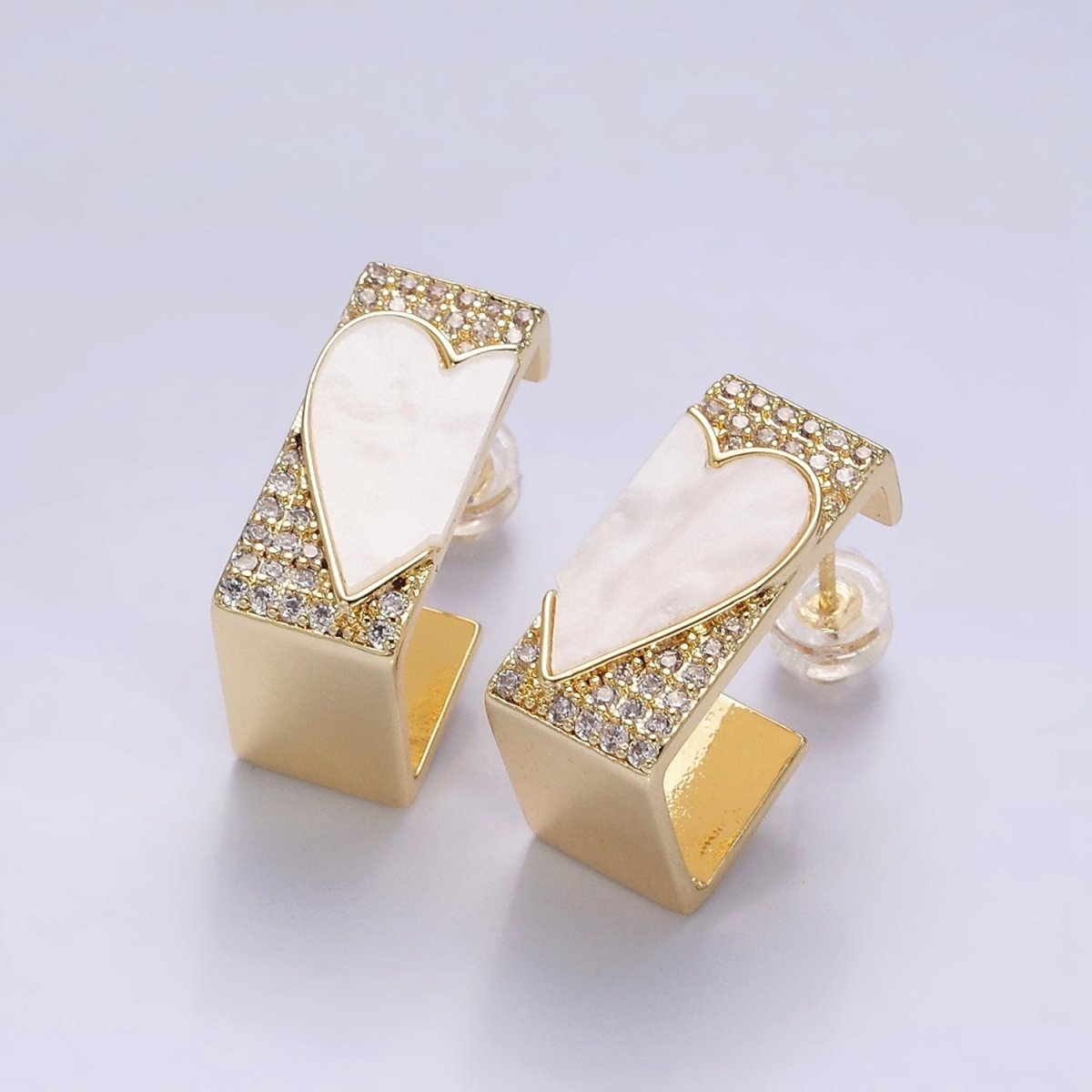 16K Gold Filled Shell Pearl Heart Micro Paved CZ Boxy J-Shaped Hoop Earrings Set in Gold & Silver | AD1351 AD1352
