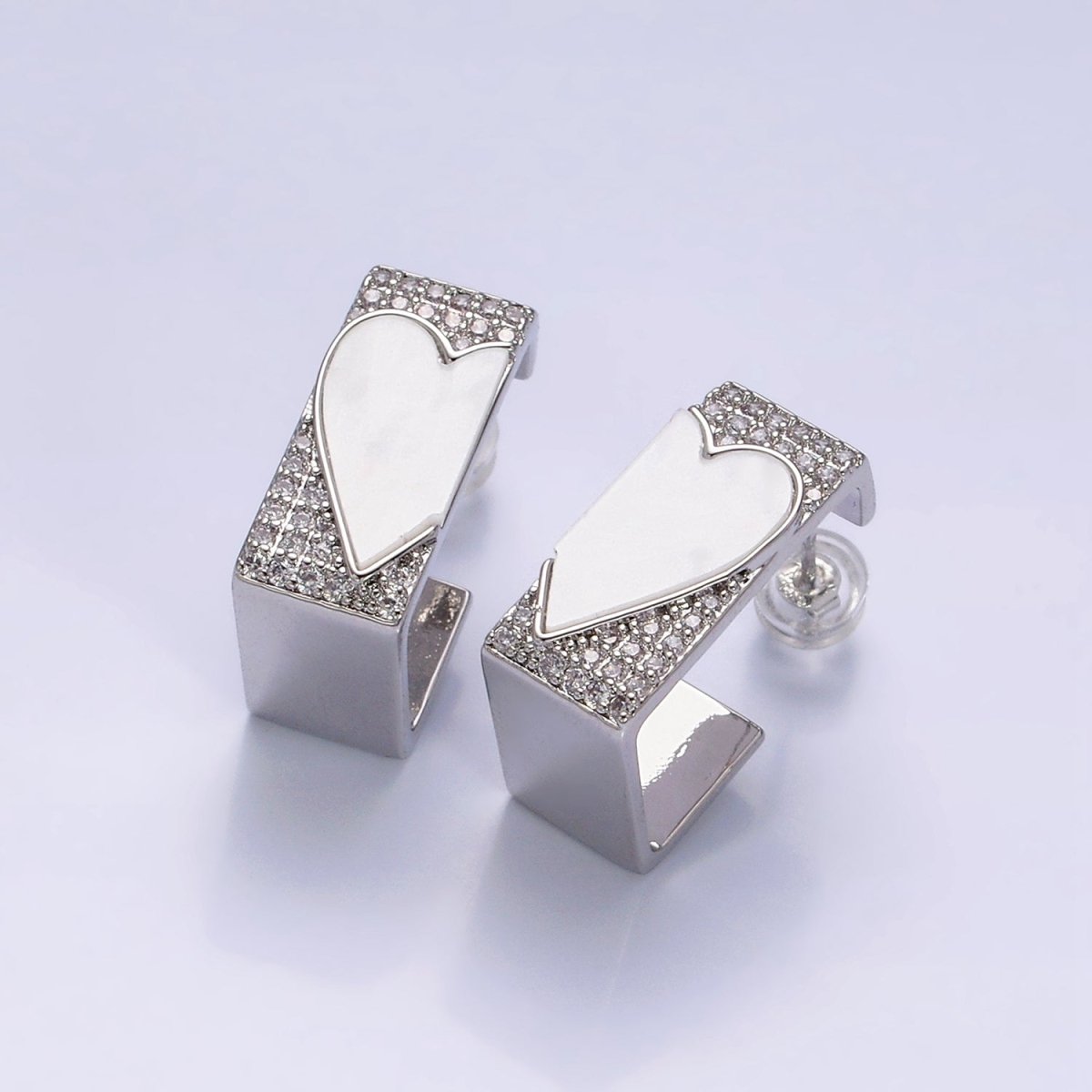 16K Gold Filled Shell Pearl Heart Micro Paved CZ Boxy J-Shaped Hoop Earrings Set in Gold & Silver | AD1351 AD1352