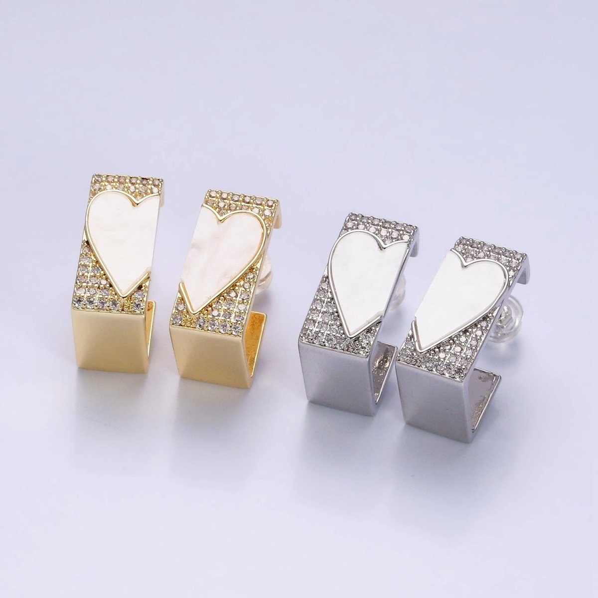 16K Gold Filled Shell Pearl Heart Micro Paved CZ Boxy J-Shaped Hoop Earrings Set in Gold & Silver | AD1351 AD1352