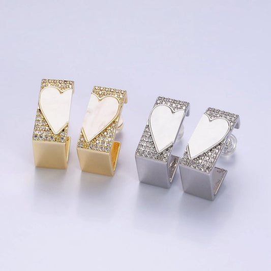 16K Gold Filled Shell Pearl Heart Micro Paved CZ Boxy J-Shaped Hoop Earrings Set in Gold & Silver | AD1351 AD1352