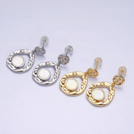 16K Gold Filled Shell Pearl Open Round Double Hammered Drop Stud Earrings in Gold & Silver | AD-343 AD-344