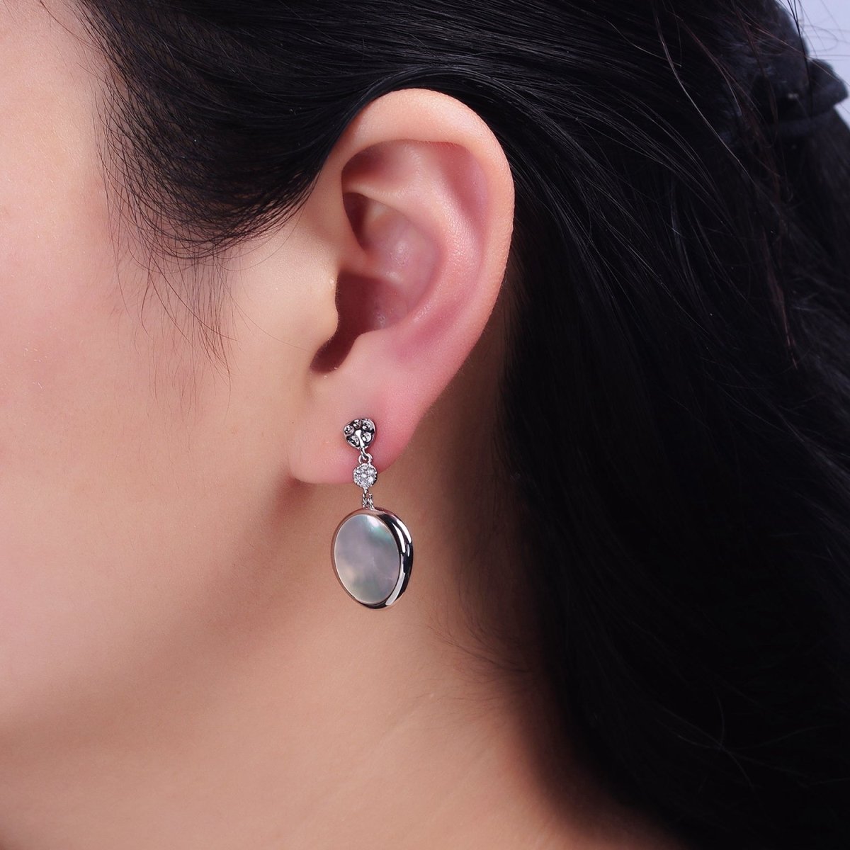 16K Gold Filled Shell Pearl Stamped Micro Paved Hammered Triple Round Drop Stud Earrings in Gold & Silver | AD-331 AD-332