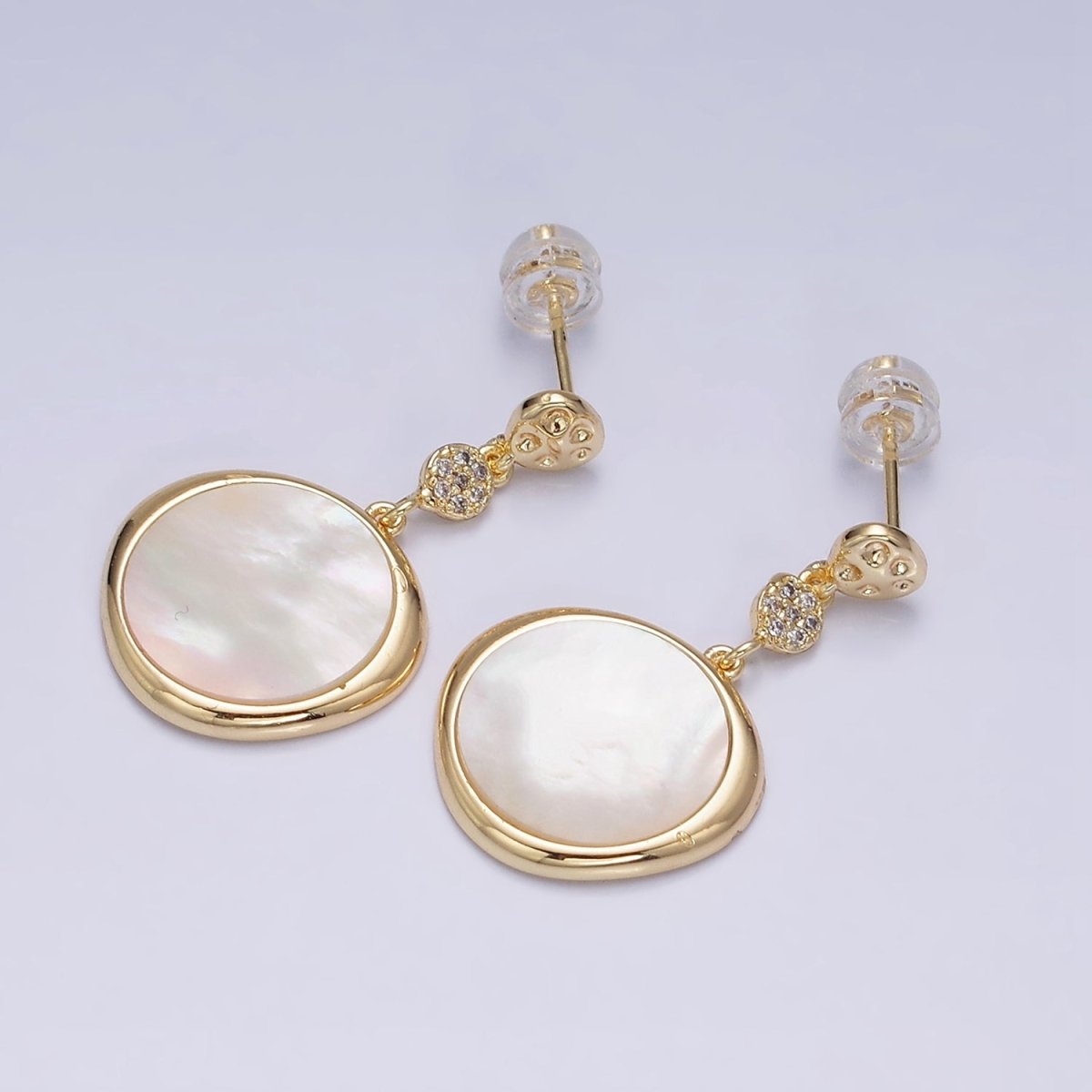 16K Gold Filled Shell Pearl Stamped Micro Paved Hammered Triple Round Drop Stud Earrings in Gold & Silver | AD-331 AD-332