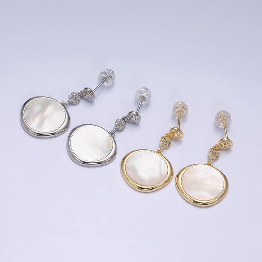 16K Gold Filled Shell Pearl Stamped Micro Paved Hammered Triple Round Drop Stud Earrings in Gold & Silver | AD-331 AD-332