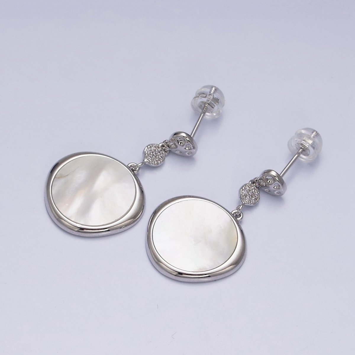 16K Gold Filled Shell Pearl Stamped Micro Paved Hammered Triple Round Drop Stud Earrings in Gold & Silver | AD-331 AD-332