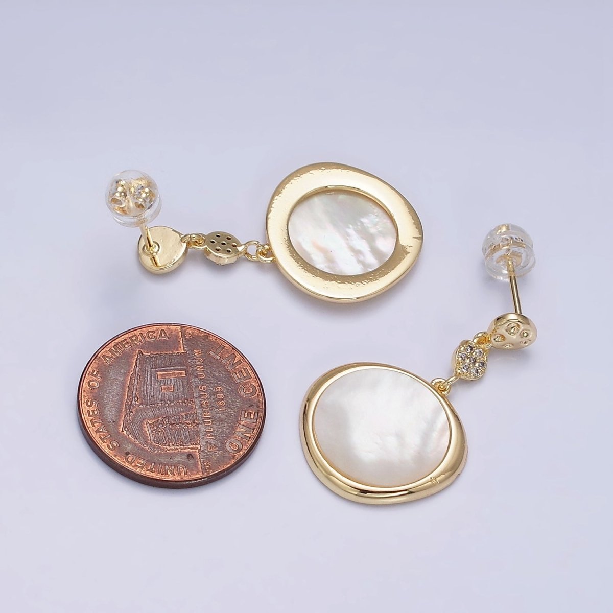 16K Gold Filled Shell Pearl Stamped Micro Paved Hammered Triple Round Drop Stud Earrings in Gold & Silver | AD-331 AD-332